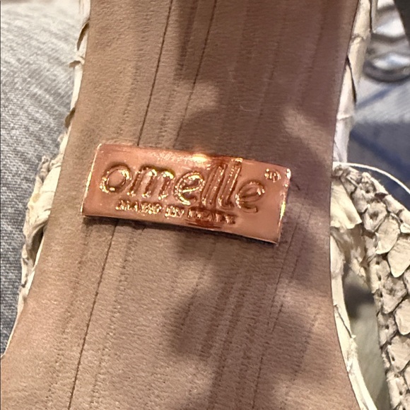 Omelle Elegant Cream/Grey Skin Sandals 37 1/2 - Bronze Stacked Heel NEVER worn - Picture 2 of 12